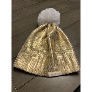 Three Bird Nest Beanie Gold Metallic Acrylic Knit Boho Chic Glam Pom Pom Hat